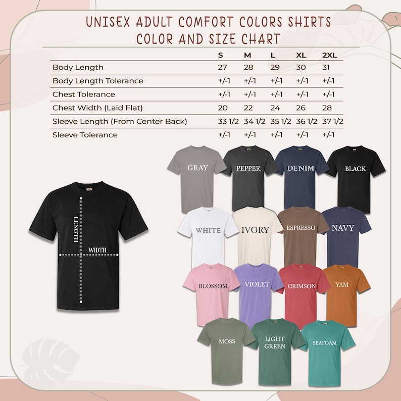 May include: A chart displaying the color and size options for unisex adult comfort color shirts. The chart includes measurements for body length, chest width, and sleeve length, along with a color palette featuring gray, black, white, and other colors.