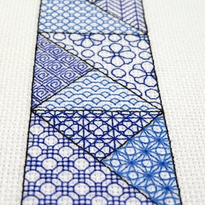 Può includere: Un primo piano di un ricamo a punto croce blu e bianco con una varietà di motivi geometrici. Il ricamo è incorniciato da un bordo nero.