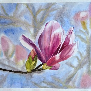 Fiore di magnolia su sfondo azzurro con bocciolo