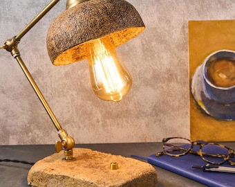 Art Deco Wood Base Desk Lamp: Upcycled Rustic Table Light, Handmade Boho Bedside Lamp, Unique Housewarming Birthday Gift for Dad Him Her