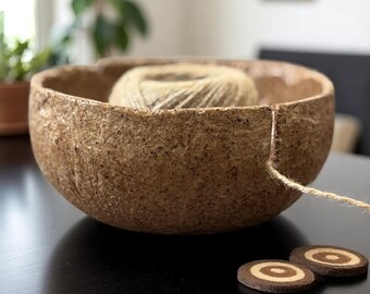 Handmade Shell Yarn Bowl: Upcycled Wood Base, Rustic Crochet Knitting, Unique Upcycled Yarn Knitting Pottery