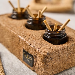 Puede incluir: Una bandeja rectangular de piedra marrón con tres pequeños frascos de vidrio ámbar, cada uno con varios palitos de madera de color claro. La bandeja tiene una superficie texturizada y una etiqueta negra con el texto blanco "qupo concept".