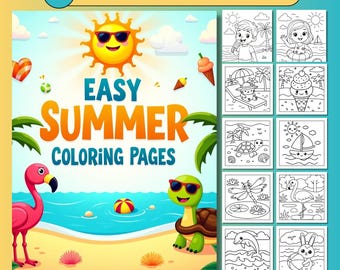 Dibujos para colorear de verano fáciles para niños, libro para colorear atrevido y fácil, actividades de verano, PDF imprimible, descarga instantánea