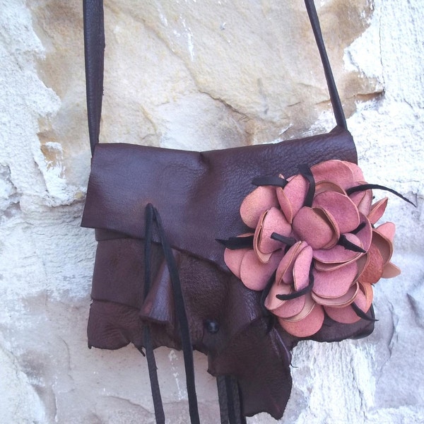 brown, black and pink suede deerskin leather shoulder purse with flower