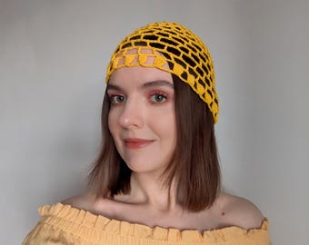 Bonnet en maille de coton au crochet : bonnet en dentelle jaune pour l'été