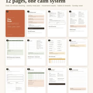 Può includere: Un set di pianificatore digitale con 12 pagine intitolate Tiny Steps, che include sezioni per pulizie quotidiane di 15 minuti, piani alimentari settimanali, spuntini di movimento, abitudini, ricompense e un ripristino domenicale.