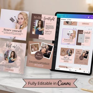 Può includere: Un tablet che mostra un'area di lavoro Canva con diversi modelli per social media per un salone di bellezza. I design presentano toni tenui di rosa e marrone, testo tra cui "Stylist Spotlight", "Renew yourself" e "Visit us", e immagini di strumenti per parrucchieri.