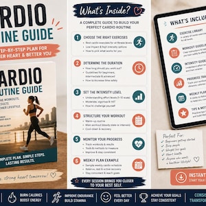 Può includere: Una guida alla routine cardio rilegata a spirale con un corridore in copertina, accanto a un tablet digitale che mostra i materiali inclusi e un biglietto con i benefici, il tutto presentato con testo e icone.