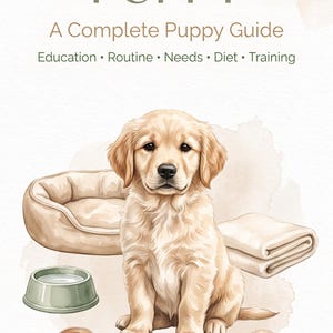 Può includere: Un'illustrazione digitale intitolata MY FIRST PUPPY A Complete Puppy Guide Education Routine Needs Diet Training che mostra un cucciolo di golden retriever circondato da una cuccia beige, una coperta piegata, una ciotola verde, un guinzaglio, un giocattolo e una palla.