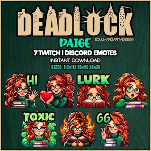 Puede incluir: Descarga digital con siete emotes de Twitch y Discord. Los emotes muestran un personaje con cabello rojo, gafas y un suéter verde, expresando diversas emociones. El texto incluye "DEADLOCK" y "PAIGE".
