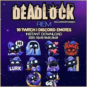Op de afbeelding: Digitale afbeelding met de tekst "DEADLOCK REM" en "10 TWITCH I DISCORD EMOTES". De afbeelding toont cartoon emotes van een zwart katachtig personage in een paarse tovenaars hoed en gewaad, met verschillende uitdrukkingen en objecten.