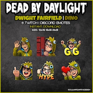 Könnte beinhalten: Digitale Kunst mit sechs Twitch- und Discord-Emotes von Dwight Fairfield aus Dead by Daylight, in einem Dinosaurierkostüm. Die Emotes zeigen verschiedene Ausdrücke und Gesten, mit Text wie "GG" und "HYPE".