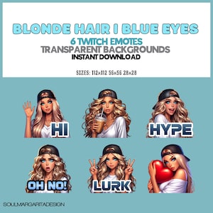 6 Blonde Hair Blue Eyes Twitch Emotes Pack • Straight Wavy Hair • Stream Assets • Twitch Emotes • Stream Decor • Chat Emotes • Girl Emotes