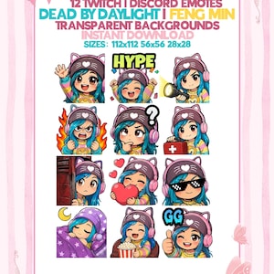 May include: A digital collection of 12 Twitch and Discord emotes featuring the character Feng Min from Dead by Daylight. The character has blue hair, a cat-ear beanie, and a striped sweater. The emotes show various expressions and actions.