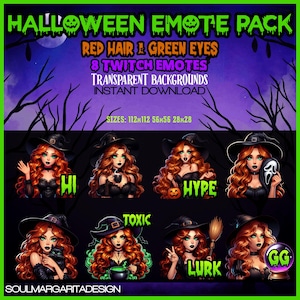 Puede incluir: Gráfico de un paquete de emoticonos de Halloween con ocho emoticonos de Twitch. Los emoticonos presentan una bruja con pelo rojo y ojos verdes, con un sombrero y un vestido negros. El texto incluye "HI", "HYPE", "TOXIC", "LURK" y "GG".