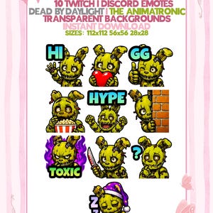 May include: A set of 10 digital Twitch and Discord emotes featuring a green animatronic rabbit character in various poses. Text includes 10 TWITCH I DISCORD EMOTES DEAD BY DAYLIGHT I THE ANIMATRONIC TRANSPARENT BACKGROUNDS INSTANT DOWNLOAD SIZES: 112x112 56x56 28x28.