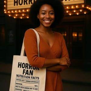 Horror Fan Nutrition Facts Tote Bag | Funny Scary Movie Lover Gift | Halloween Book Bag | Book Club Reusable Bag