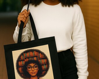 Afro NASA Girl Tote Bag | Black Girl Magic | STEM Art Canvas Tote | Afrocentric Gift | Bookish Eco Bag | Reusable Shopping Bag