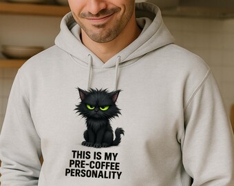 Sudadera con capucha de gato negro gruñón, suéter sarcástico y divertido de gato con personalidad precafetera