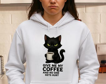 Sudadera con capucha de café con gato negro gruñón, sudadera unisex divertida para amantes de la cafeína