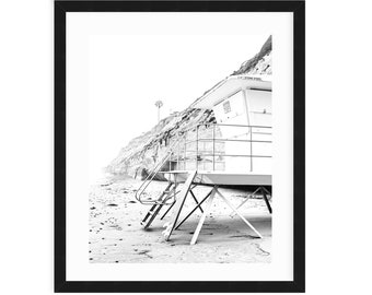 Encinitas Surf Print, Stone Steps Beach Art, Lifeguard Tower, Large Black And White Beach Print, Surf Wall Art, Surf Board Decor,Beach Print