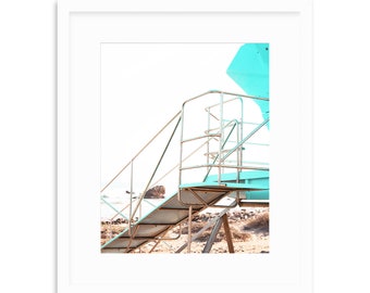 Abstract Beach Art, Malibu California, Lifeguard Tower Art, Teal Beach Decor, Aqua Coastal Decor, Coastal Wall Art, California Beach Art