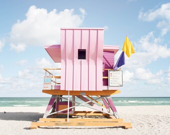 Large Beach Print, Framed Beach Art, Large Wall Art, Pink Lifeguard Tower, Pink Beach Decor, Kids Beach Room, Pastel Beach Art, Miami Beach