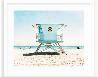 Santa Cruz Art, Colorful Beach Print, Turquoise Coastal Beach Art, Lifeguard Tower, Santa Cruz Wall Art, Large Beach Art, Coastal Decor