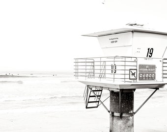 Swamis Beach Encinitas California, Black And White Lifeguard Tower Print, San Diego Surf Art Print, Pipes Beach,  Large Beach Print