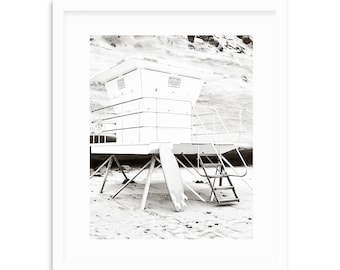 Encinitas Beach Print, Stone Steps Lifeguard Tower, Black White Beach Print, San Diego , Large Surf House Decor
