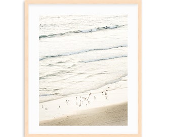Neutral Beach Print, Sea Birds, Large Beach Print, Large Coastal Wall Art, Natural Coastal Decor,  Surfer, Surf Art, California Beach Print