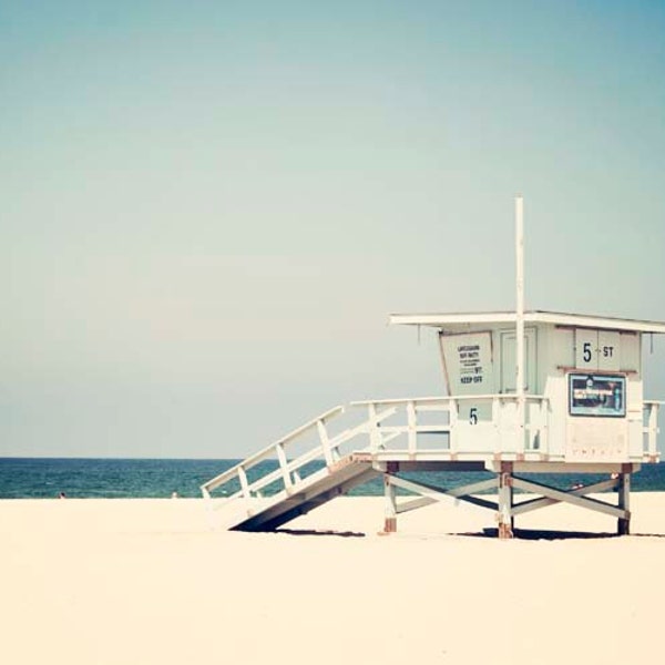 Beach Photography, Blue Teal Decor, Summer, Los Angeles California Wall Art, Beach Decor, Lifeguard Tower Print  "Hermosa Beach"