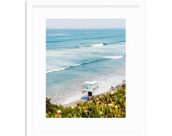 Cardiff Beach San Diego, Spring Coastal Beach Art, Coastal Blue, Beach Print, San Elijo Lifeguard Tower,  California Beach Art