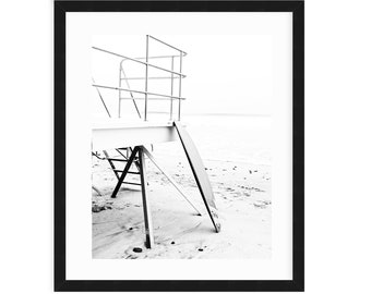 Surf Board Wall Art, Black And White Lifeguard Tower, Large Beach Print, Surf Print, Minimalist Beach Print,Teen Surf Room, Surf Board Decor