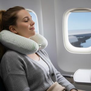 Può includere: Una persona con un cardigan grigio e un cuscino da viaggio in aereo. Il cuscino verde chiaro ha un motivo strutturato. Il finestrino dell'aereo mostra una vista del cielo e dell'ala dell'aereo.