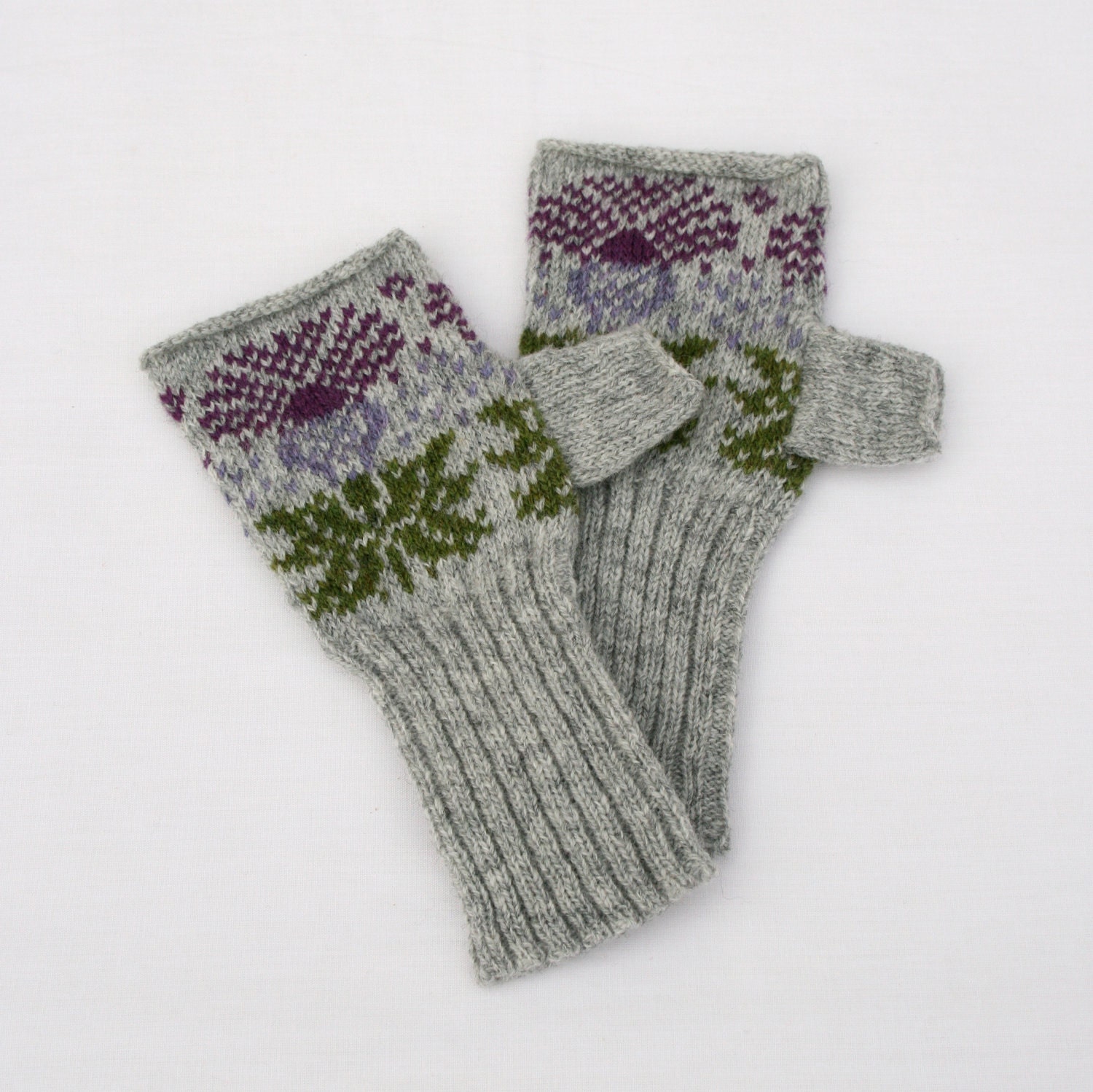 Knitted Scottish Thistle Fair Isle Hand warmers Lambswool Grey, purpl…