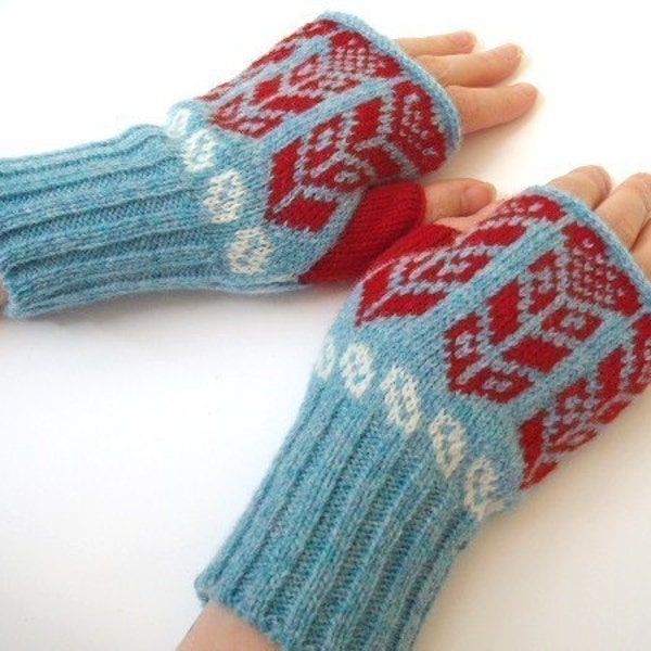 Wheat Heart Design Knitted Fairisle Hand Warmers Blue & Red