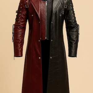 May include: A two-tone leather coat, with a striking split design. The left side is a deep burgundy, while the right is black. Features include a notched collar, zipper closure, and decorative arm details.