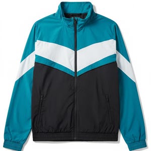 May include: A teal, white, and black track jacket with a full zip. The jacket has a high collar and two front pockets. The design includes a white chevron across the chest and shoulders. It has a ribbed hem and cuffs.