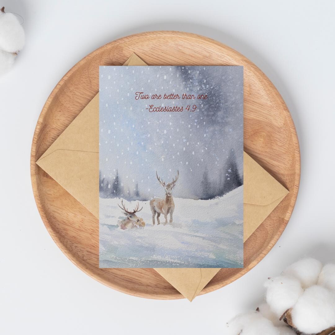 Ecclesiastes 4:9 Snow Deer Printable Winter Watercolor Cards With Scriptures Faith-inspired ...