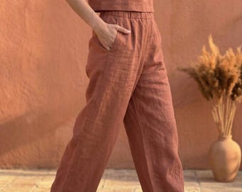 Pantalones palazzo de lino para mujer: culottes holgados de cintura alta