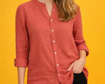 Oversized Linen Button-Down Shirt: Women's Long Sleeve Blouse