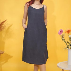 Linen Summer Dress, Relaxed Midi Dress with Pockets, Spaghetti Strap Dress, Loose Linen Dress, Beach Wear, Linen Dresses for Women Summer
