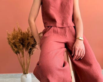 Wide Leg Linen Culottes: Elastic Waist Cropped Trousers with Pockets
