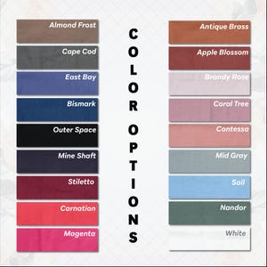 May include: A color chart displaying various fabric swatches with names. Colors include Almond Frost, Cape Cod, East Bay, Bismark, Outer Space, Mine Shaft, Stiletto, Carnation, and Magenta. Additional colors are Antique Brass, Apple Blossom, Brandy Rose, Coral Tree, Contessa, Mid Gray, Sail, Nandor, and White.