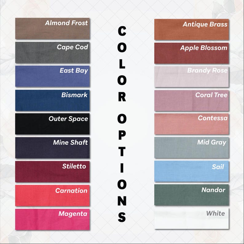 May include: A color chart displaying various fabric swatches with names. Colors include Almond Frost, Cape Cod, East Bay, Bismark, Outer Space, Mine Shaft, Stiletto, Carnation, and Magenta. Additional colors are Antique Brass, Apple Blossom, Brandy Rose, Coral Tree, Contessa, Mid Gray, Sail, Nandor, and White.