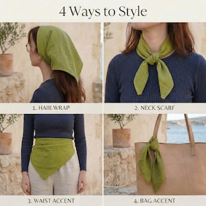 May include: A four-panel image showcasing a green scarf styled in four ways: as a hair wrap, neck scarf, waist accent, and bag accent. The text "4 Ways to Style" is at the top. Each panel features a person wearing or using the scarf in a different way.