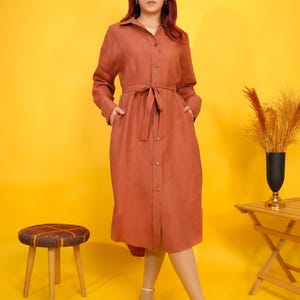 Oversized Midi Linen Shirt Dress, Long Sleeve Casual Womens Dress, Plus Size Bohemian Women Clothing, Linen Summer Dress, Waist Belt Dress