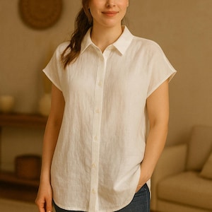 Short Sleeves Linen Shirt for Women, Relaxed Fit Linen Shirt, Button Down White Shirt, Summer Linen Top, Casual Shirt, Womens Spring Style