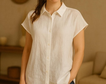 Relaxed Fit Linen Shirt: Short Sleeve Button Down Top